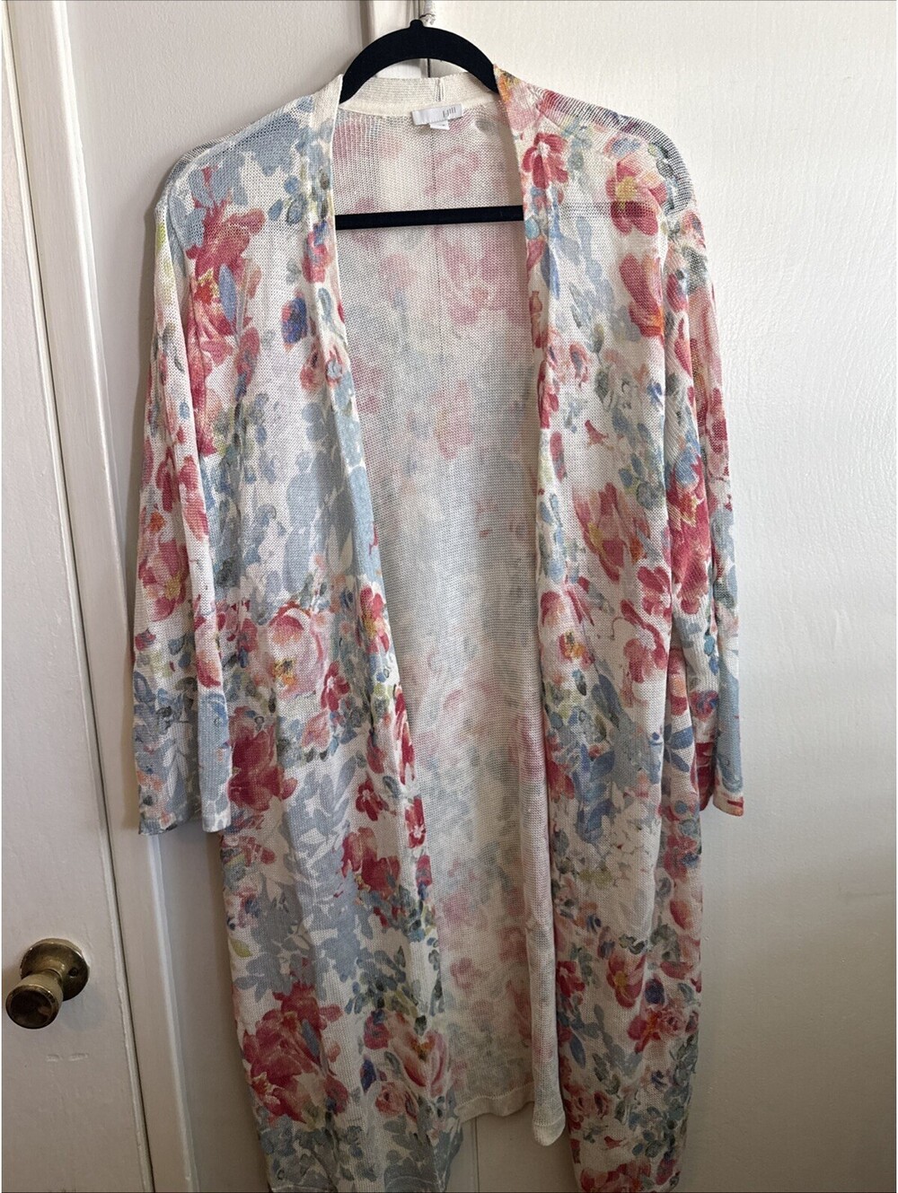 J. Jill Linen Blend Floral Cardigan Sweater Open Front Long Watercolor Size XL